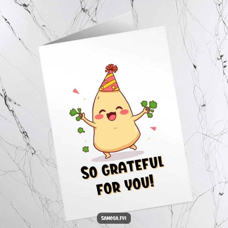 Funny Free Printable Thank You Card: Comical samosa trips juggling cilantro, a lighthearted way to say thanks.