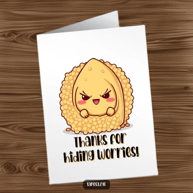 Funny Free Printable Samosa Thank You Card, a mischievous character hiding behind a giant couscous grain, conveying thanks.