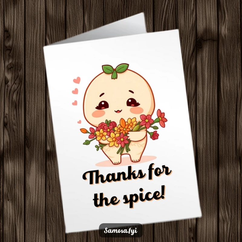 Funny Free Printable Thank You Card: A blushing samosa character holds a bouquet of spice flowers, offering thanks.