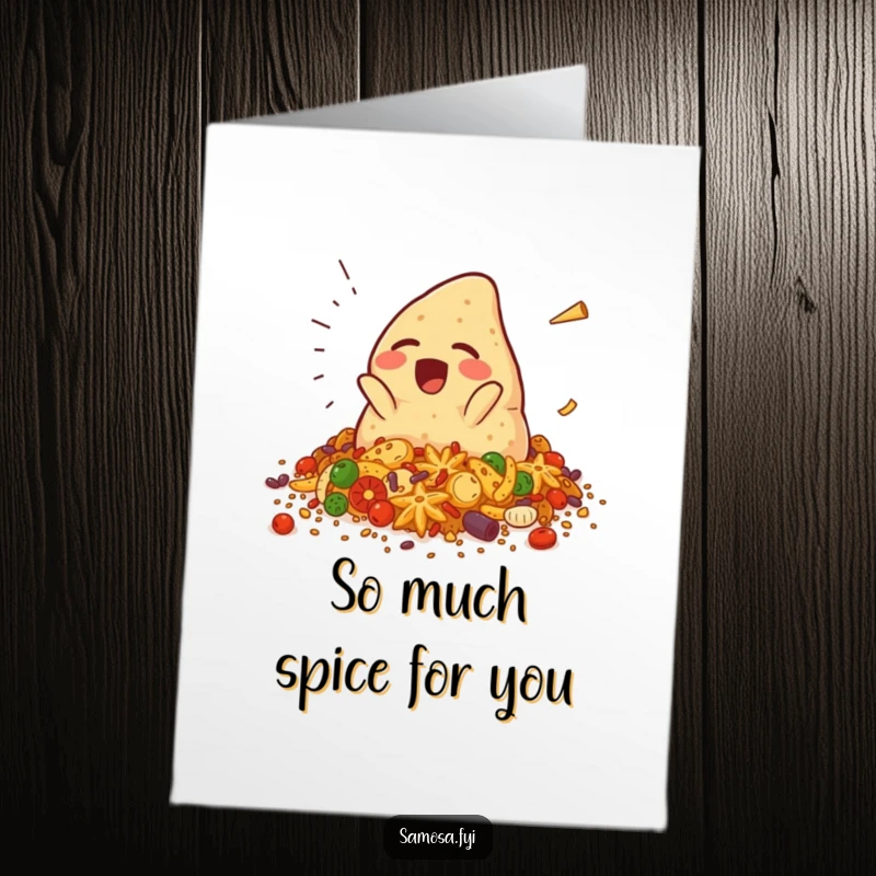 Funny free printable thank you card featuring a giggling samosa character comically falling into a pile of spices, a messy but heartfelt thanks.