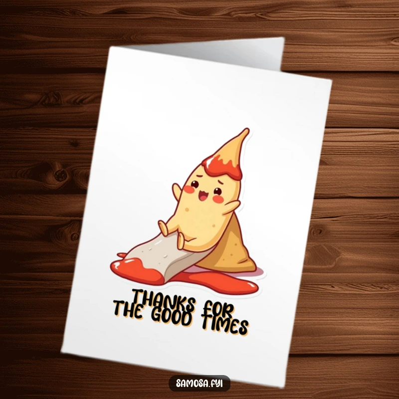 Funny Free Printable Thank You Card: Cheerful samosa character sliding down a ketchup slide, offering a playful thanks.