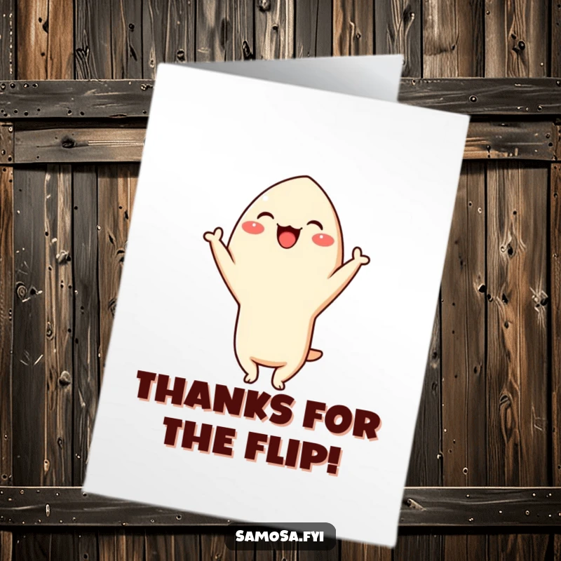 Funny Free Printable Thank You Card: Giggling samosa character in a headstand, conveying thanks in a humorous way.