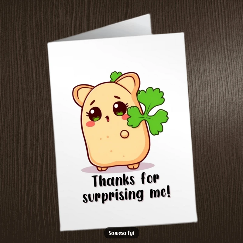 Funny free printable thank you card: a surprised samosa cautiously peeks from behind a bright green coriander leaf.