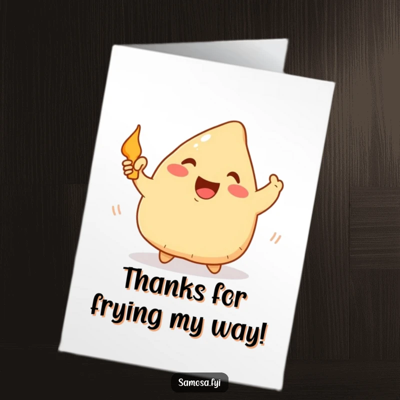 Funny Free Printable Thank You Card: A happy samosa waves a tiny frying pan in thanks. Hilarious downloadable gratitude art.