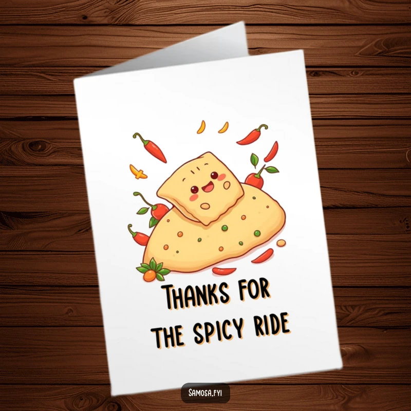 Funny Free Printable Thank You Card: Cheerful samosa sliding down a spicy pepper hill. Joyful and unique greeting.