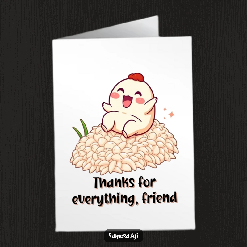 Funny Free Printable Thank You Card: A samosa character gleefully sliding down a rice slope, expressing gratitude.