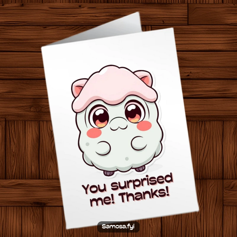 Funny Free Printable Thank You Card: A samosa character depicted with wide, expressive eyes, looking utterly surprised.