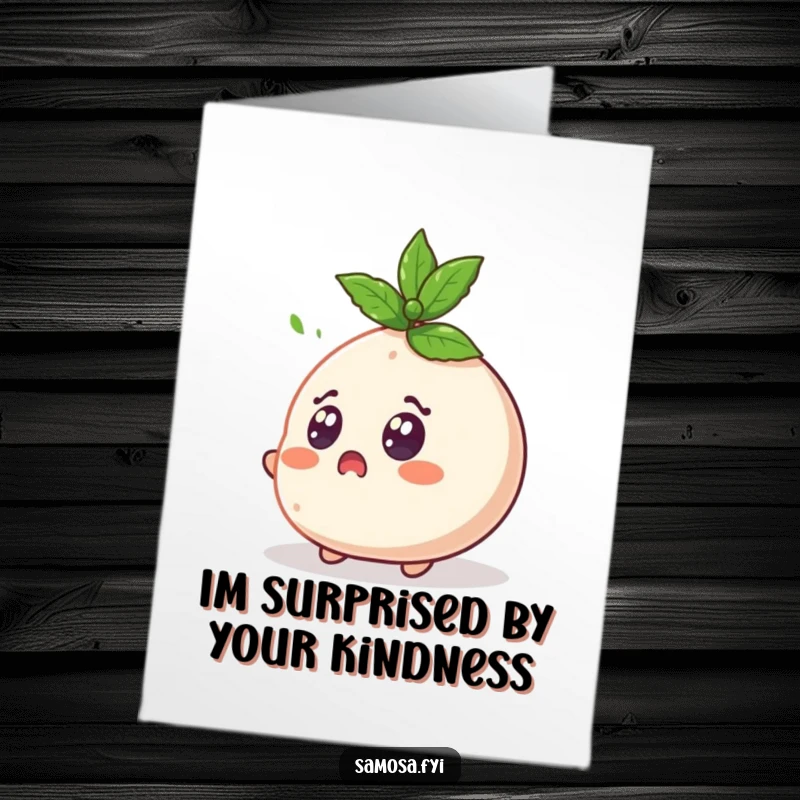 Funny Free Printable Thank You Card: a surprised samosa character stares with wide eyes at a flying mint leaf.