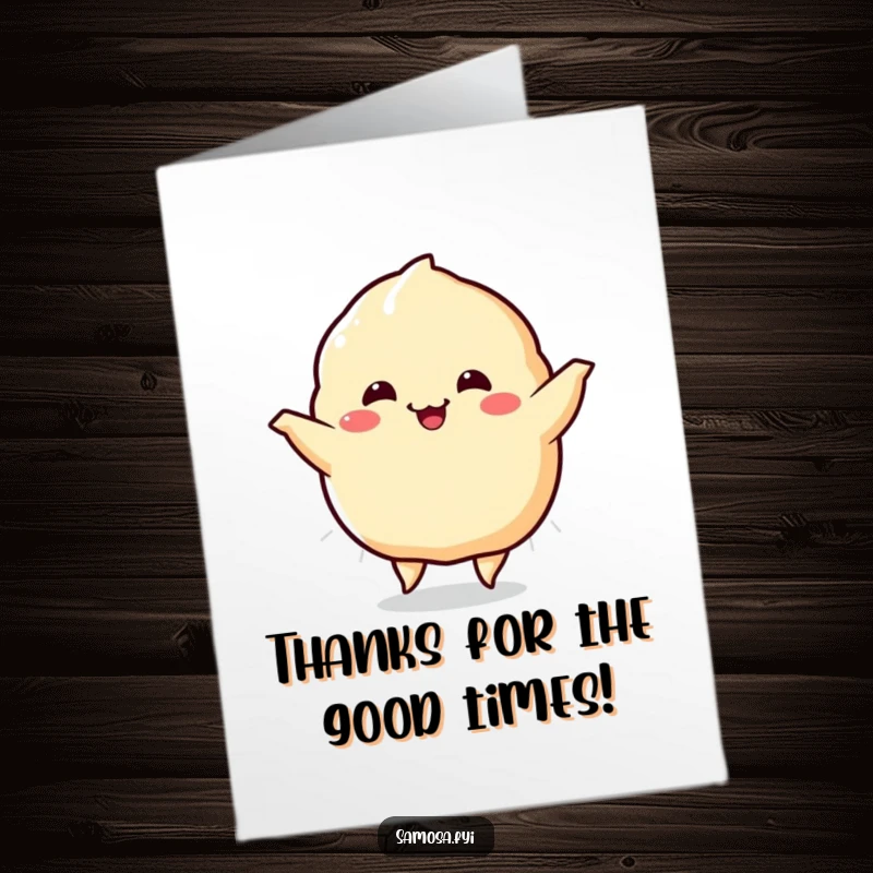 Funny Free Printable Thank You Card: A cheerful samosa character shown dancing, wiggling its sides to express heartfelt thanks.
