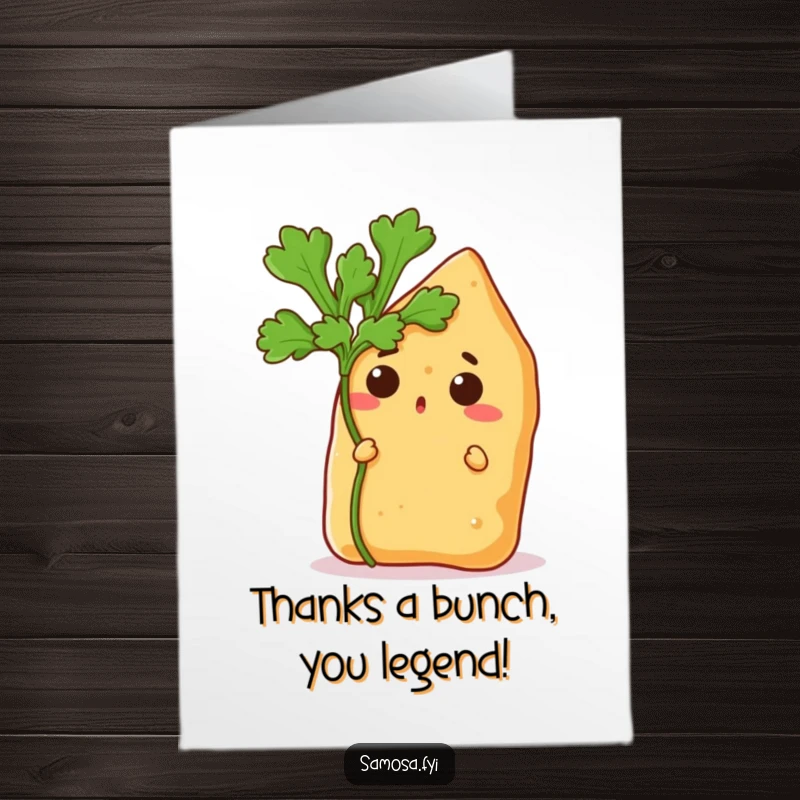 Funny free printable thank you card with a wide-eyed samosa hiding behind a coriander leaf, expressing gratitude humorously.