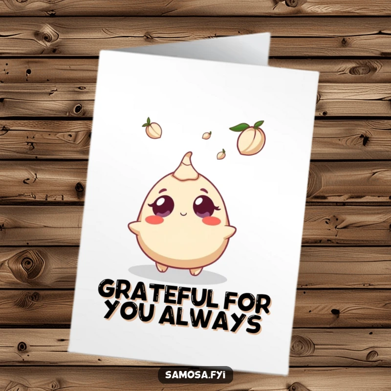 Funny Free Printable Thank You Card: Samosa character with wide, amazed eyes anticipates a falling cardamom pod.