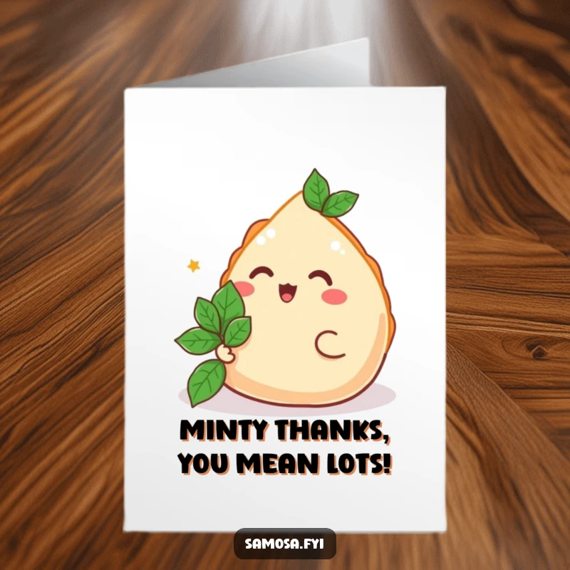 Funny Free Printable Thank You Card: A joyful samosa offering a small mint leaf as a token of sincere thanks.