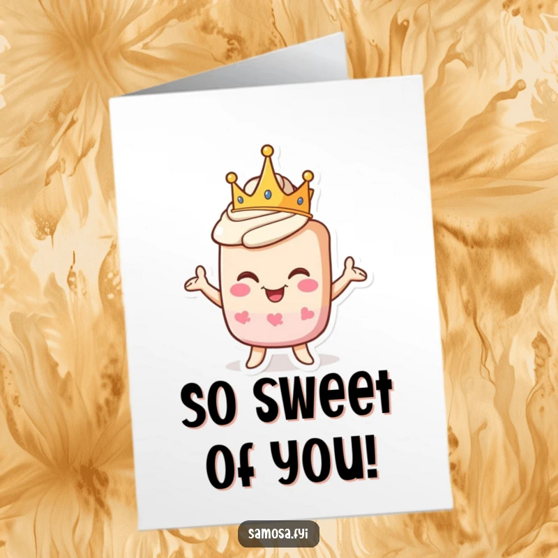 Funny free printable thank you card: A pastry character adorned with a crown strikes a proud, comical pose in thanks.