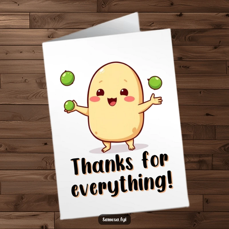 Funny free printable thank you card: A happy samosa character juggles three tiny peas, conveying thanks with a smile.