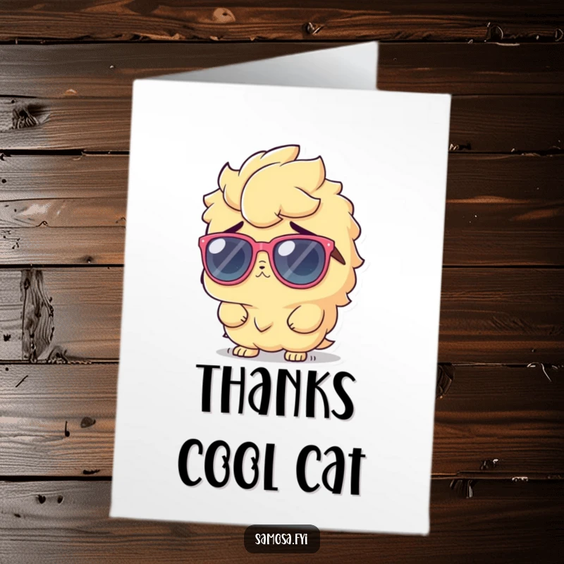 Funny Free Printable Samosa Card: Samosa character in big sunglasses shrugging innocently, saying thanks.