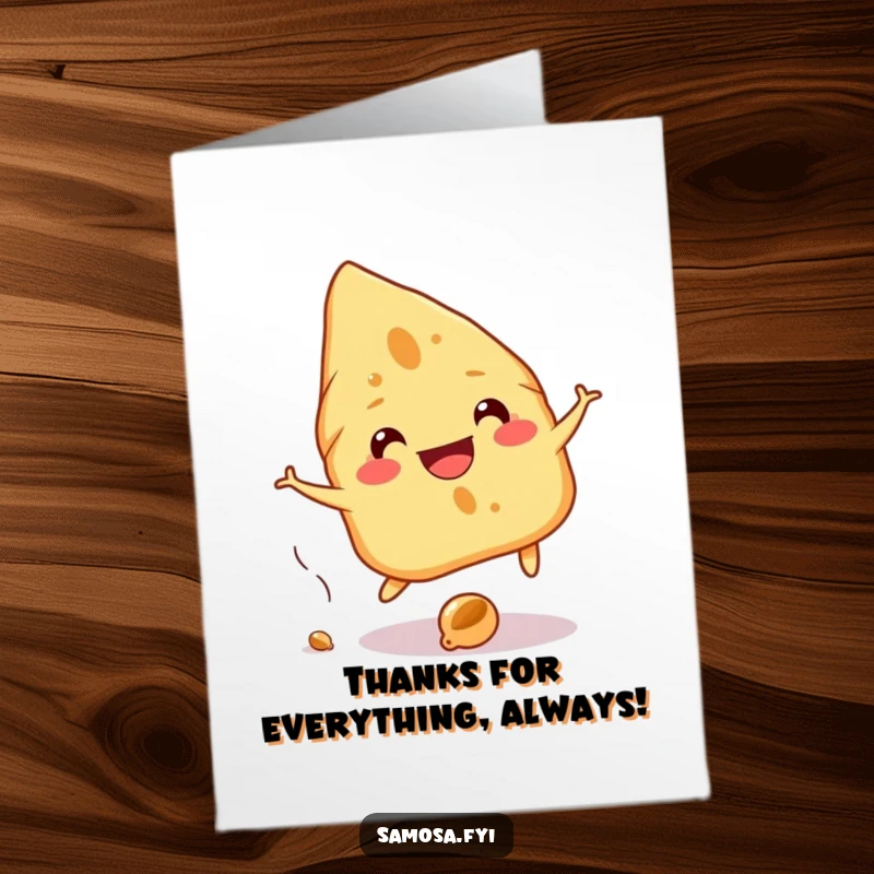 Funny Free Printable Thank You Card: Samosa playfully dodges a falling chickpea, a comical thank you message.