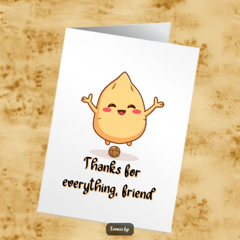 Funny Free Printable Samosa Thank You Card: A giggling samosa character with small arms bouncing a lentil to say thanks