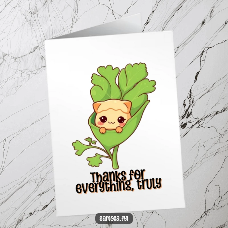 Funny Free Printable Thank You Card: Shy samosa character peeking from a coriander leaf, conveying gentle thanks.