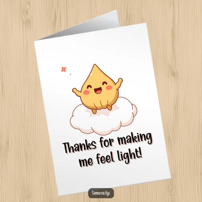 Funny Free Printable thank you card of a delighted samosa bouncing happily on a puff pastry cloud, sending thanks.