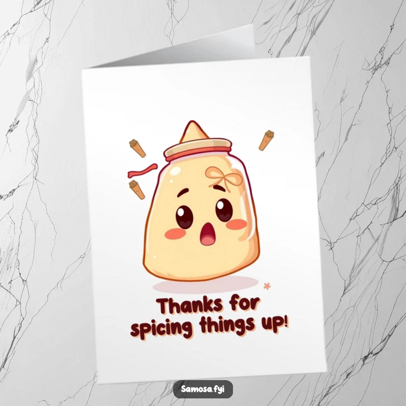 Funny Free Printable Samosa Thank You Card: Wide-eyed samosa reacting to a floating spice jar, a comical way to give thanks.