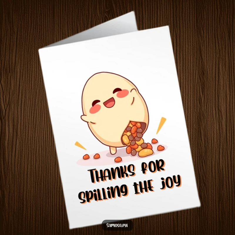 Funny Free Printable Thank You Card: Giggling samosa performing a cartwheel, with filling accidentally spilling. Quirky and cute greeting.