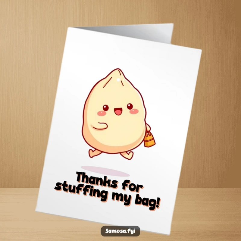 Funny Free Printable Thank You Card: A samosa skipping with a small bag, conveying cheerful thanks and appreciation with unique artistry.