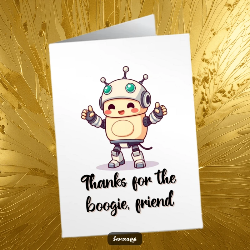 Funny Free Printable Samosa Card: Samosa character doing a stiff robot dance while saying thank you.