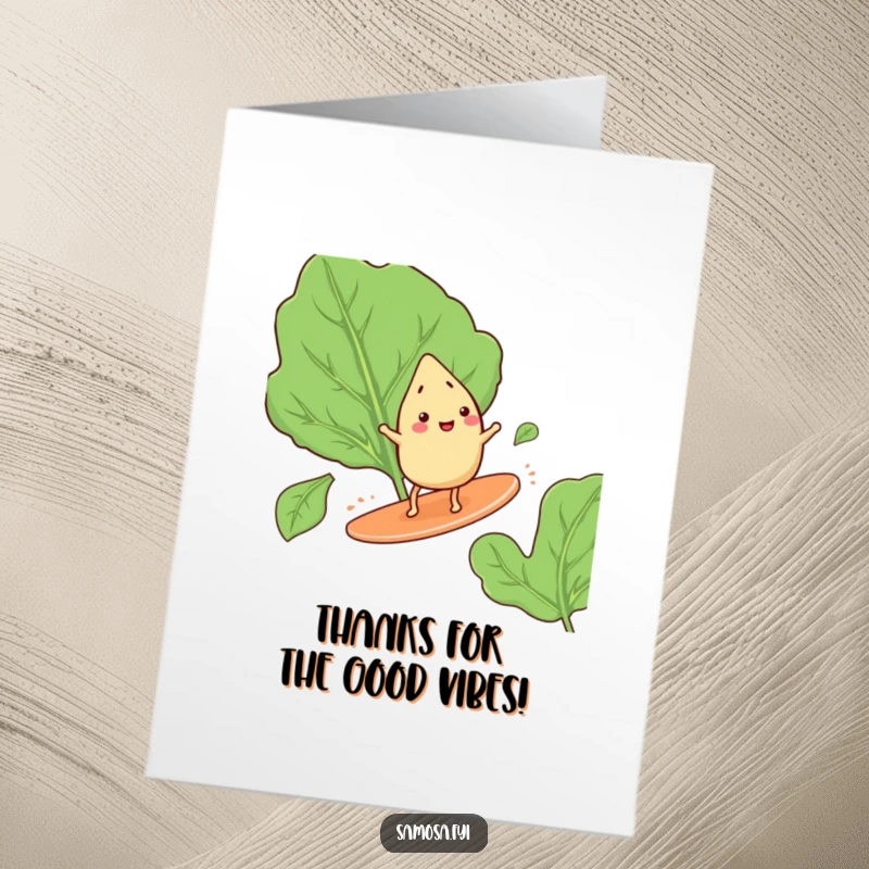 Funny Free Printable Thank You Card: A happy samosa character with tiny legs surfs a giant spinach leaf with gratitude.