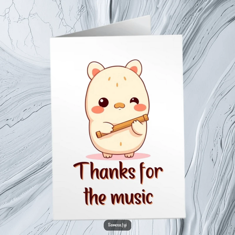 Funny free printable thank you card featuring a shy samosa character serenading with a tiny flute, perfect for a sweet thank you.