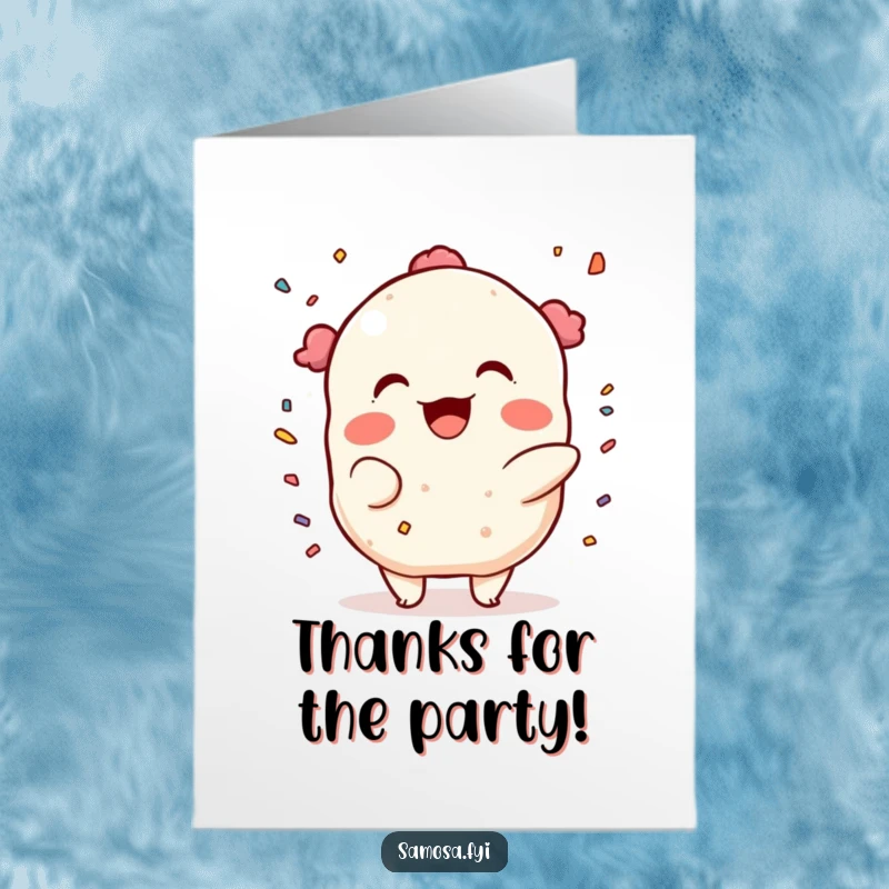 Funny Free Printable Thank You Card: A samosa character throwing confetti with a mischievous grin, offering a fun thank you.