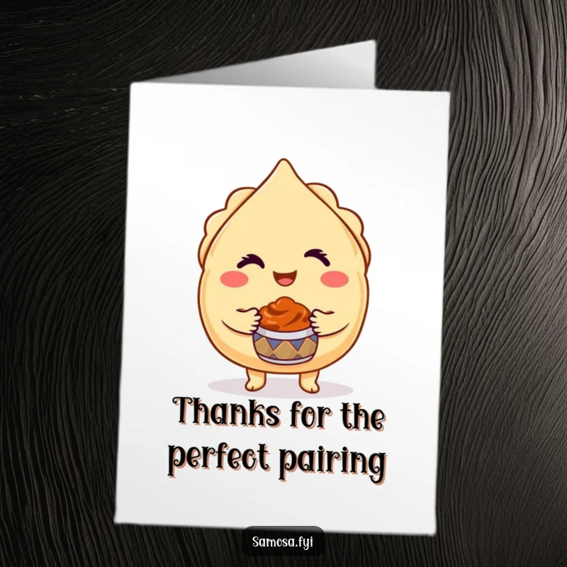 Funny Free Printable Thank You Card: a charming samosa character winks while holding out a tiny chutney pot.