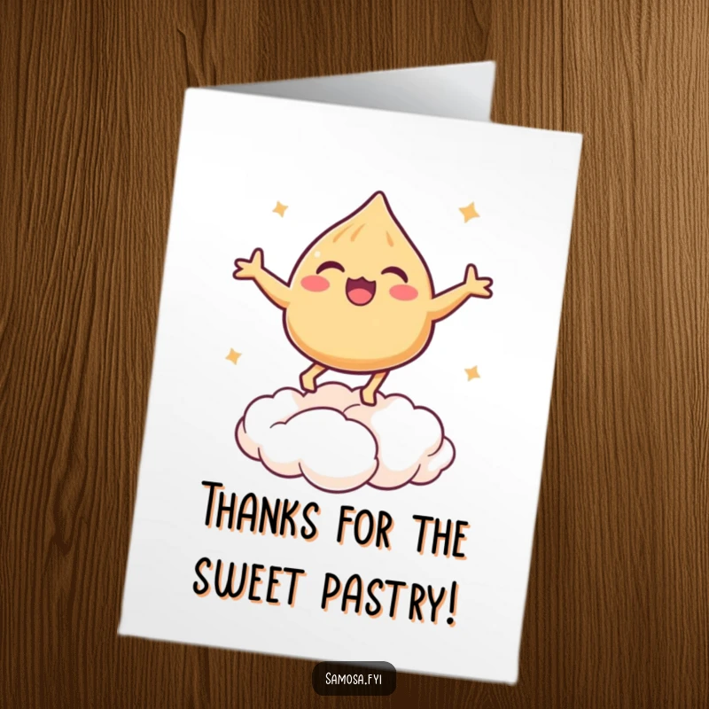 Funny Free Printable Thank You Card: A samosa happily bouncing on a puff pastry cloud, expressing heartfelt thanks.