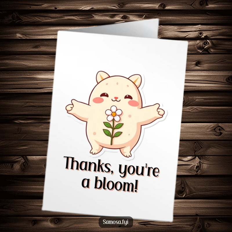 Funny Free Printable Thank You Card: A samosa with open arms gently hugging a small flower.