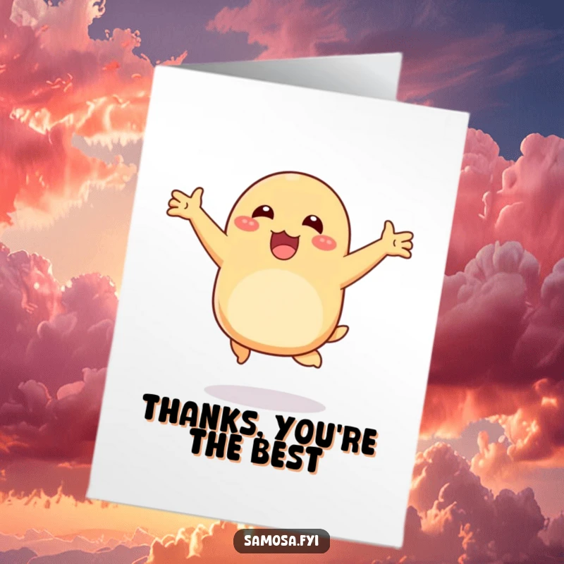 Funny Free Printable Thank You Card: Happy samosa hopping energetically with arms out. Expressive downloadable greeting.
