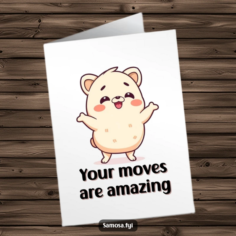 Funny free printable thank you card featuring a samosa character busting out a silly wiggle dance as a unique thanks.