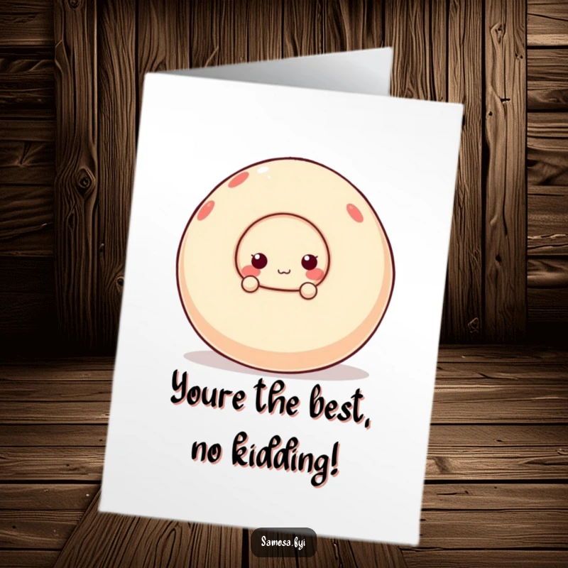 Funny free printable thank you card: A cheeky samosa character hides behind a large, wobbly sphere, offering thanks.