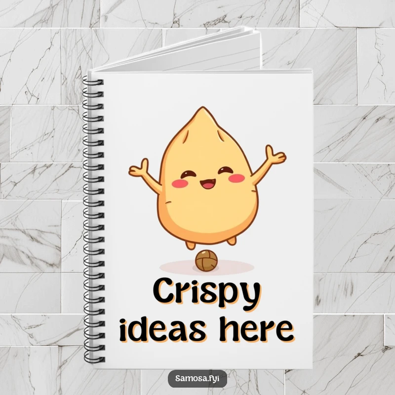 Funny giggling samosa notebook with a character bouncing a lentil like a ball on the cover, perfect for notes.