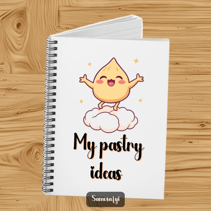 Funny notebook featuring a samosa bouncing on a pastry cloud, ideal for creative minds.