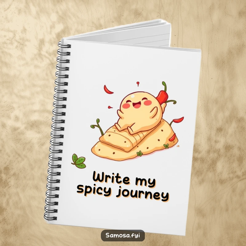 Funny Cheerful Samosa Notebook: Pages for notes featuring a snack sliding down a spicy pepper hill, encouraging adventurous writing.
