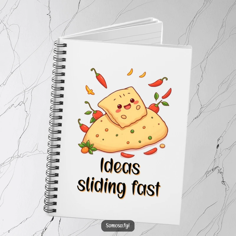 Funny notebook with a cheerful samosa sliding down a spicy pepper hill, perfect for jotting down notes with humorous flair.
