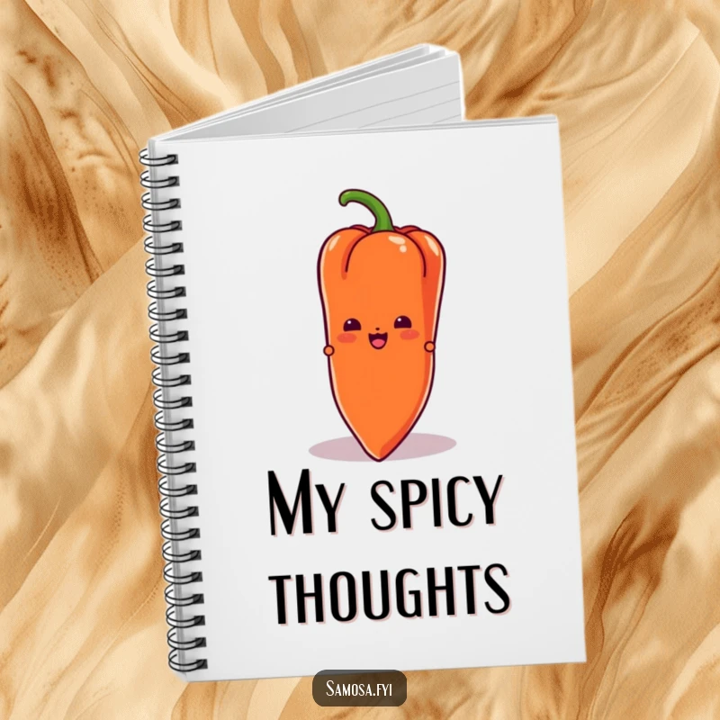 Funny Samosa Notebook featuring a samosa character peeking from behind a chili pepper, ready to capture notes and secrets.