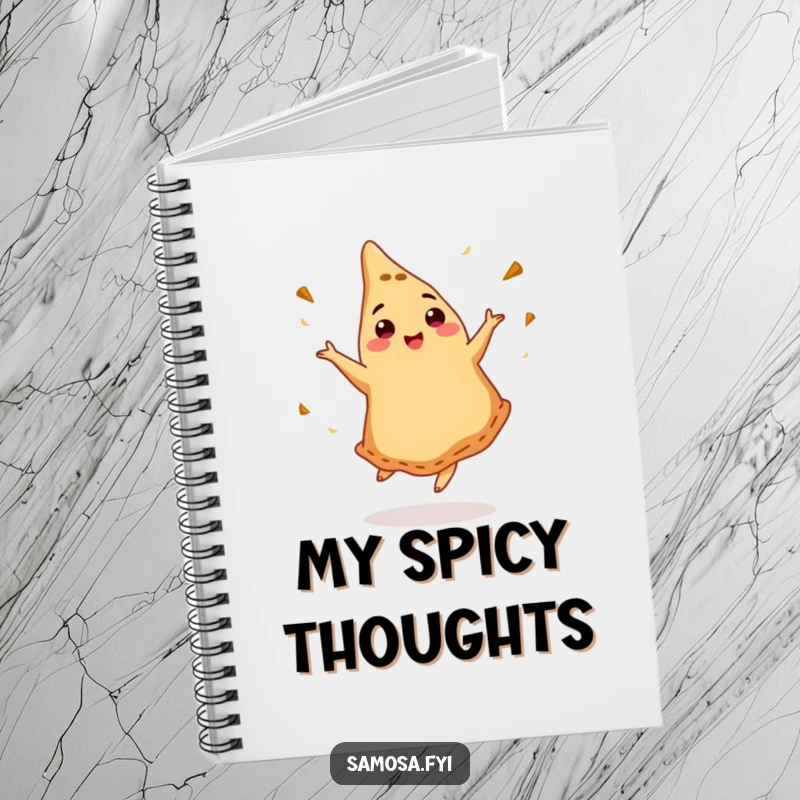 Funny notebook with a dancing samosa design, perfect for jotting down tasty ideas.