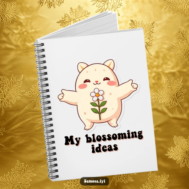 Funny samosa notebook, arms spread wide, embracing a small flower, perfect for notes, humorous stationery.