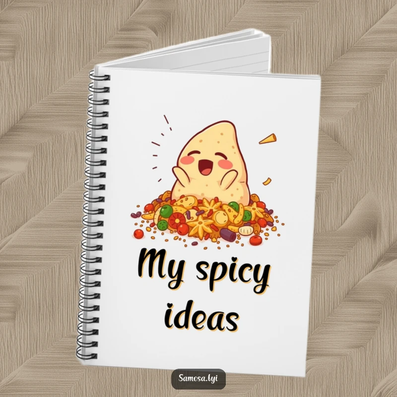 Funny samosa notebook featuring a giggling samosa character falling into spices, ideal for jotting down notes with a humorous, spicy touch, a useful gift.