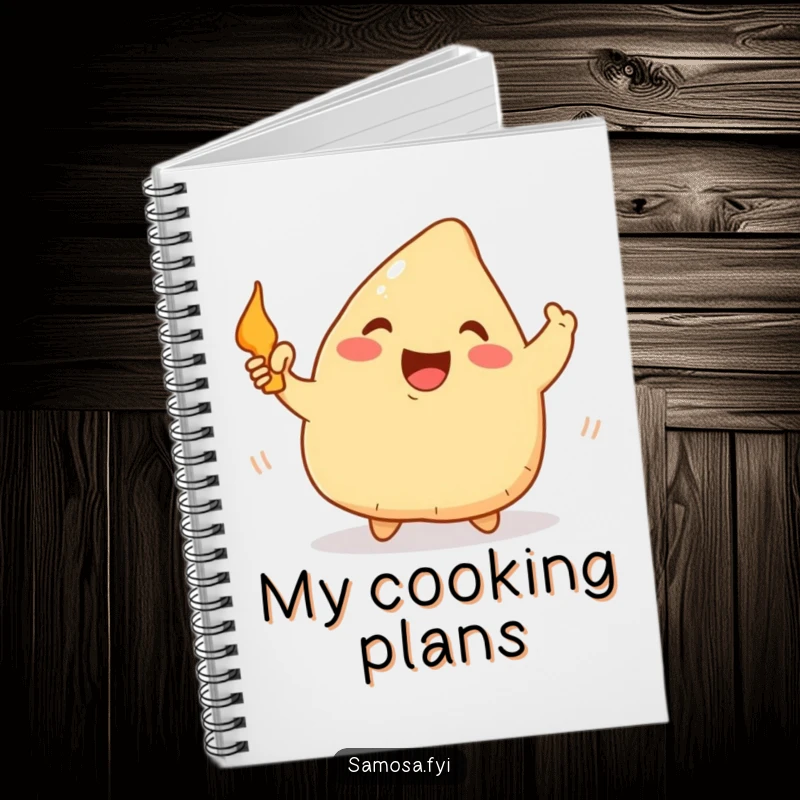 Funny Samosa Notebook: A lined journal featuring a happy samosa waving a tiny frying pan, ideal for recipes and kitchen notes.