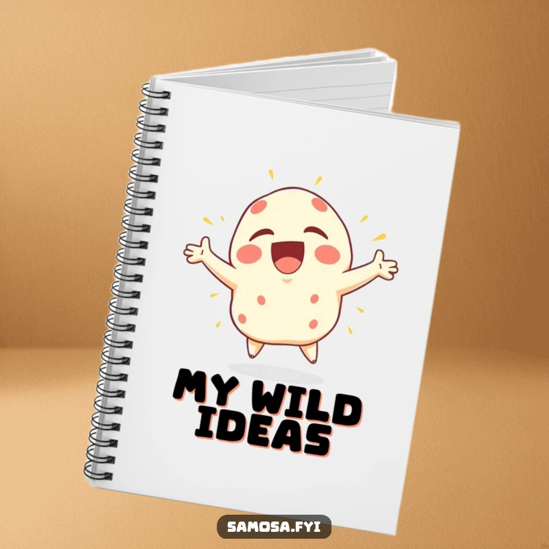 Funny Samosa Notebook featuring a samosa character bursting with joy, arms flailing wildly, ready to capture energetic thoughts.