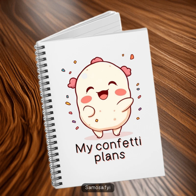 Funny Notebook: A samosa character throwing confetti with a mischievous grin, perfect for jotting down party plans and festive thoughts.