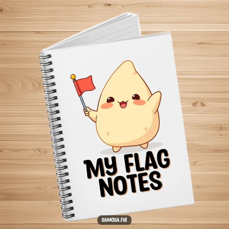 Funny Samosa Flag Notebook: A plump, excited samosa character waving a miniature flag, perfect for noting down thoughts with spirited enthusiasm.