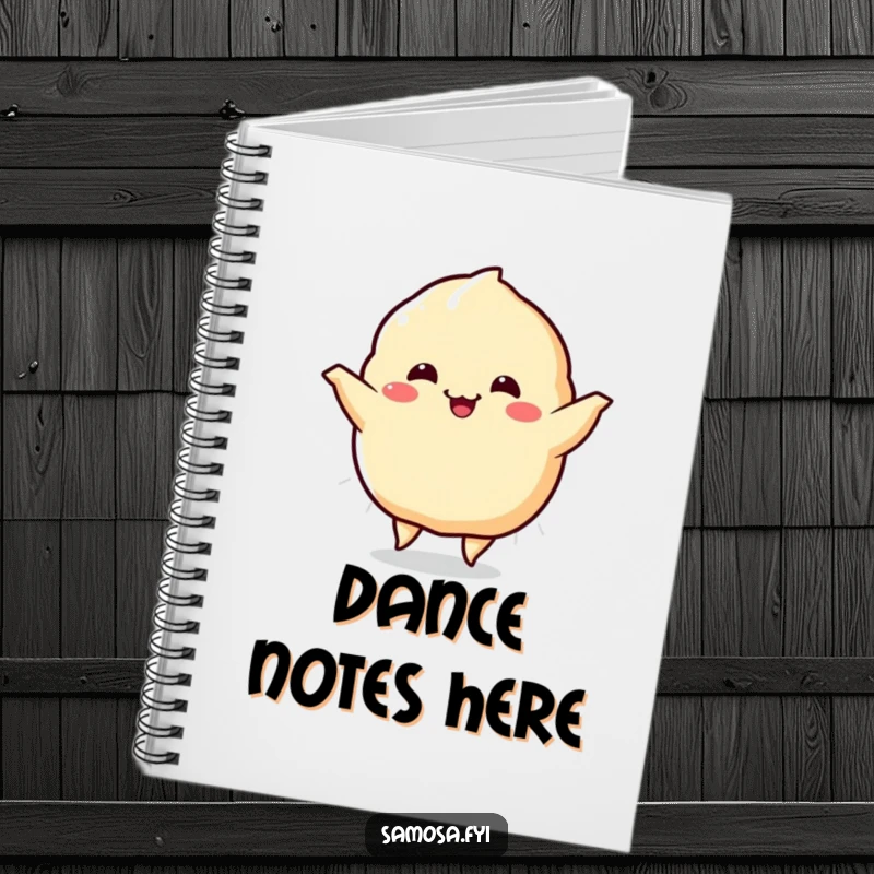Funny Samosa Notebook showcasing a samosa character in a happy dance, its sides wiggling, ready to capture your most brilliant thoughts humorously.
