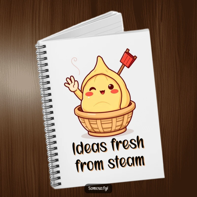Funny samosa character cheerfully waving, emerging from a steaming basket, on the cover of a notebook.